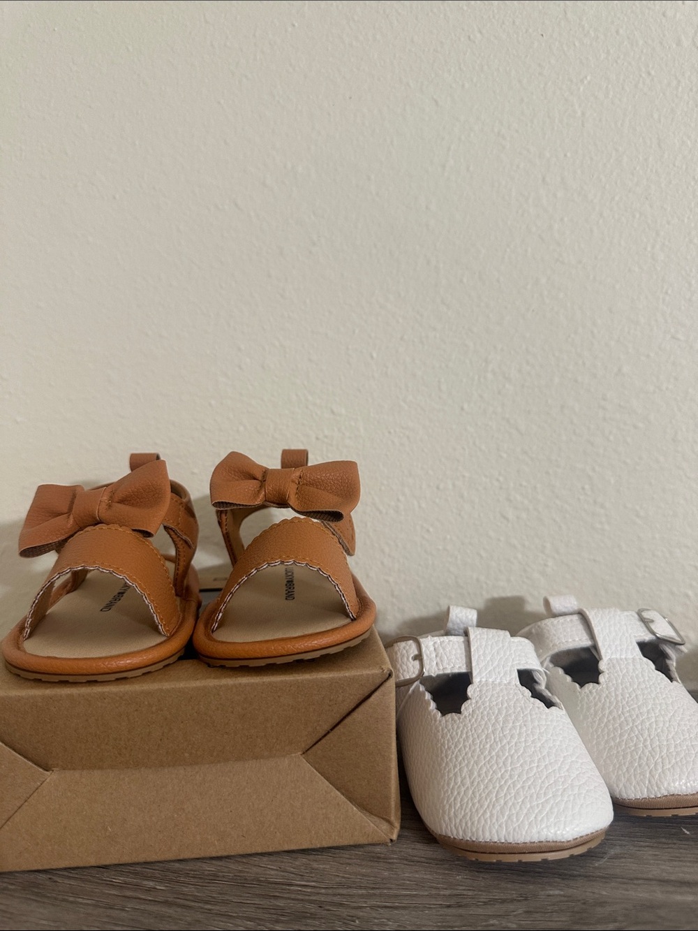 Kids Bow Strap Sandals and White Leather shoes  - Tan and White